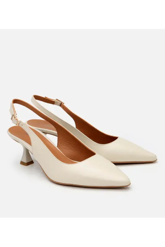 Women's Leather Ecru Backless Heeled Shoes - 2