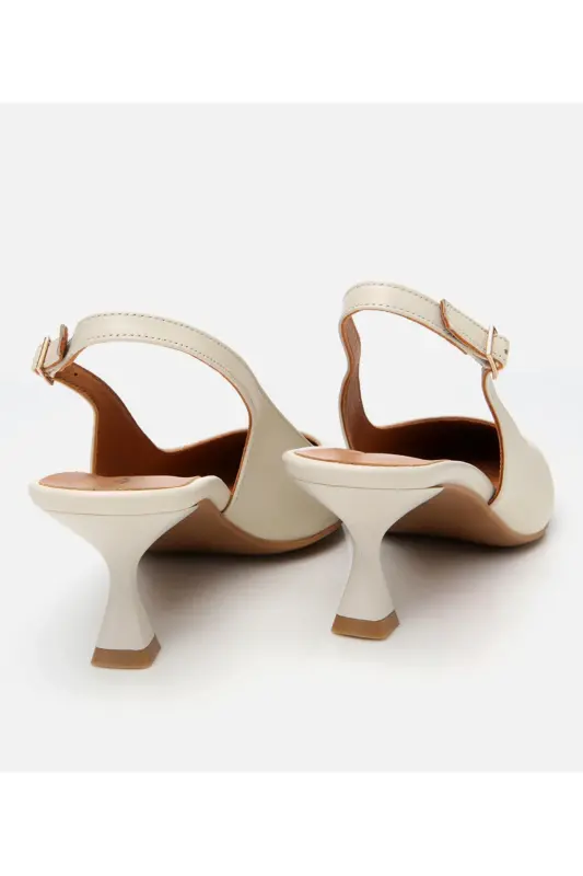 Women's Leather Ecru Backless Heeled Shoes - 4