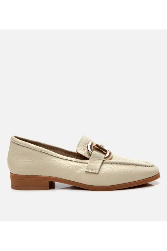 Women's Leather Ecru Buckle Daily Loafer-ECRU - HOTIÇ