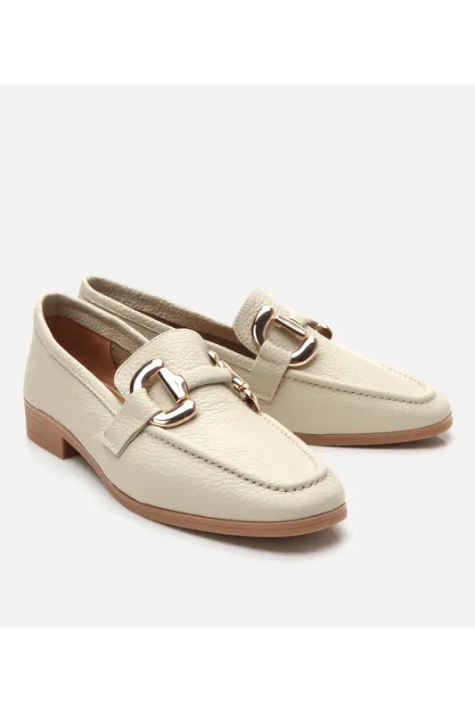 Women's Leather Ecru Buckle Daily Loafer-ECRU - 2
