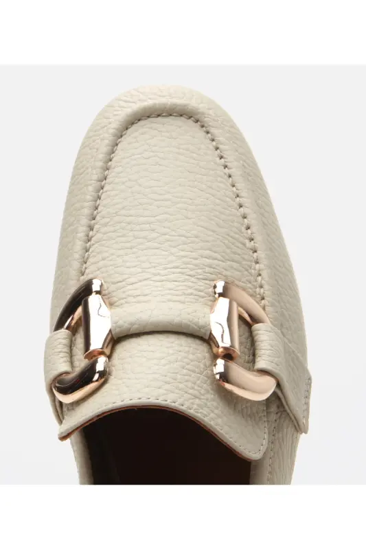 Women's Leather Ecru Buckle Daily Loafer-ECRU - 4