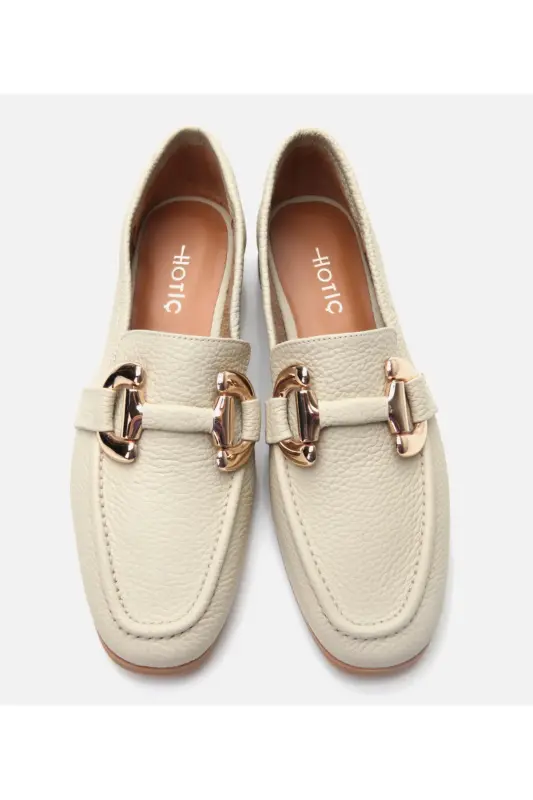Women's Leather Ecru Buckle Daily Loafer-ECRU - 5