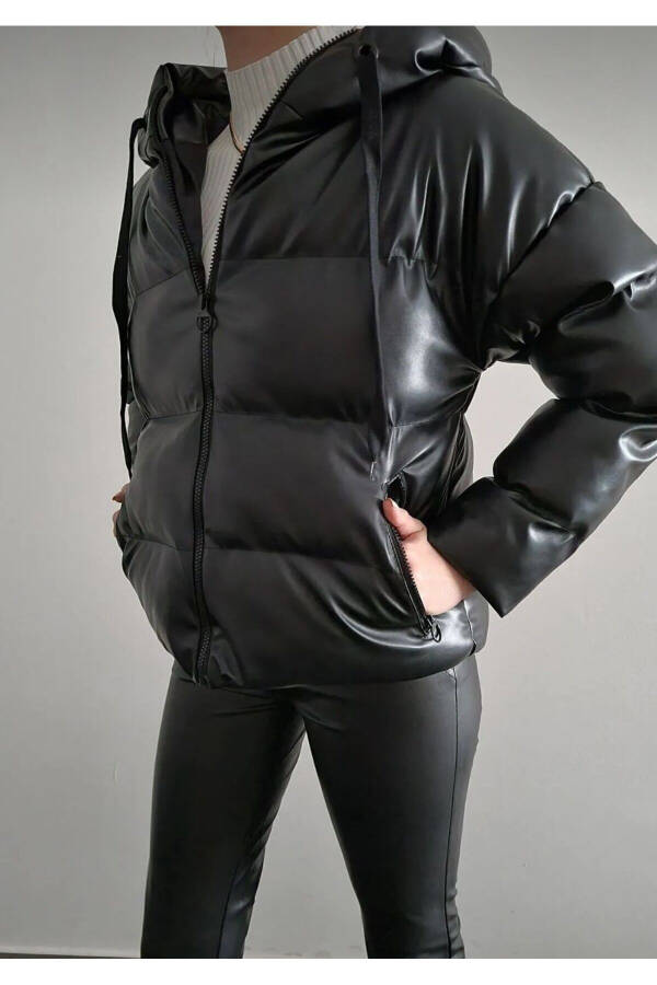 Women's Leather Hooded Black Puffer Jacket - 2