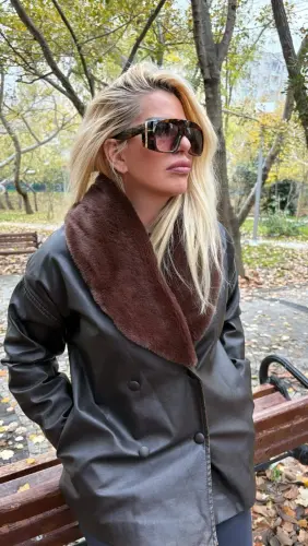 Women's Leather Jacket Fur Collar Pockets Back Slit 742 Ecru - 1