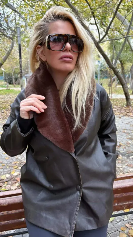 Women's Leather Jacket Fur Collar Pockets Back Slit 742 Ecru - 3