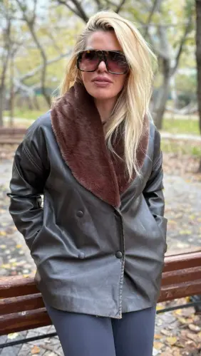 Women's Leather Jacket Fur Collar Pockets Back Slit 742 Ecru - 4