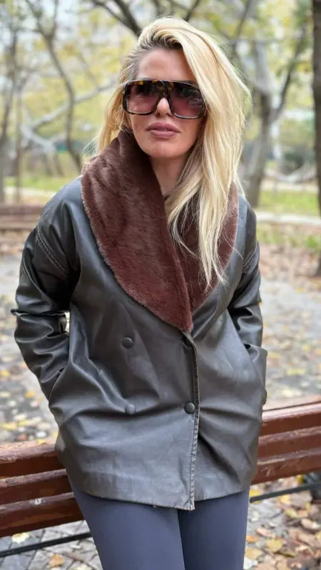 Women's Leather Jacket Fur Collar Pockets Back Slit 742 Ecru - 4