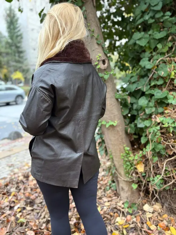 Women's Leather Jacket Fur Collar Pockets Back Slit 742 Ecru - 5