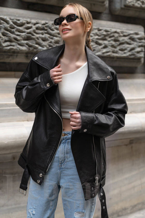 Women's Leather Jacket - Genuine Leather Motorcycle Jacket Women's Real Leather Biker Jacket Oversize Leather Jacket - 8