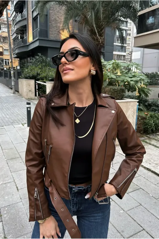 Women's Leather Jacket Seamless-Brown - YERTEKS