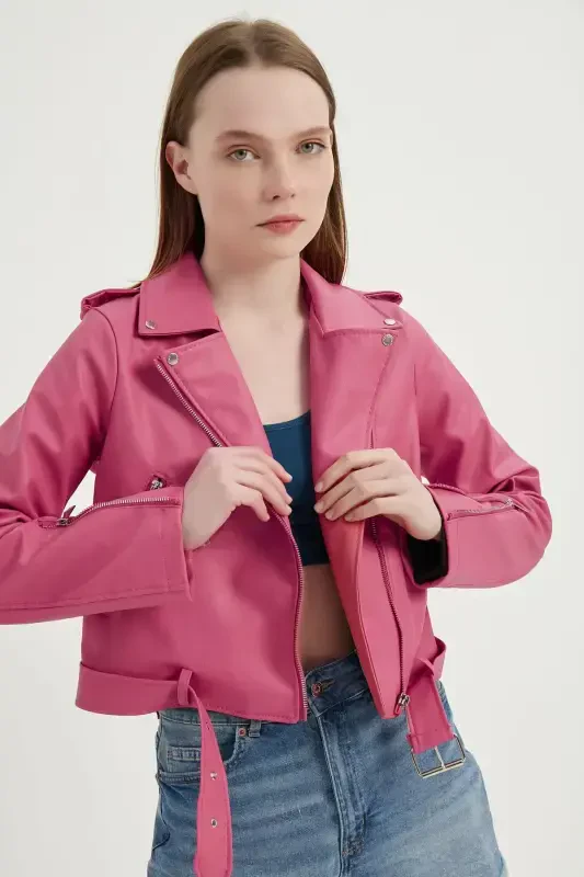 Women's Leather Jacket Seamless-pink - YERTEKS