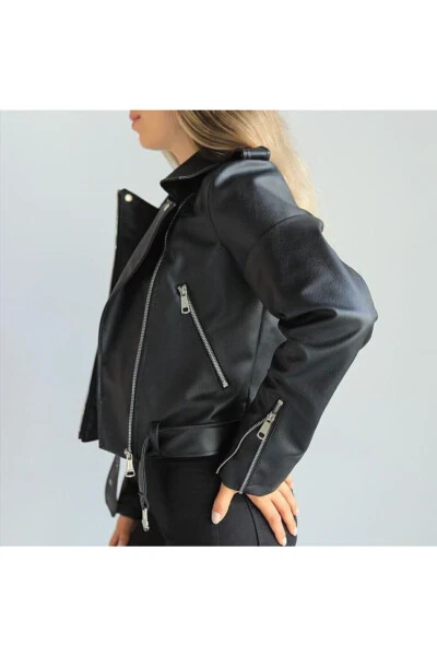 Women's Leather Jacket with Belt - MILA STILL (1)
