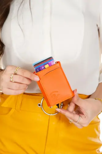 Women's Leather Mechanism Card Holder Wallet, with Aluminum Mechanism Keychain Gift, Automatic Wallet - Orange - 4