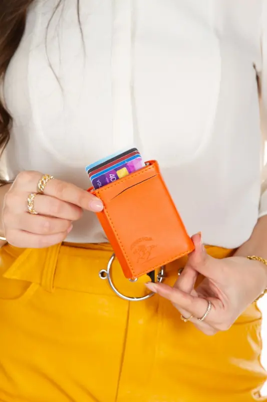 Women's Leather Mechanism Card Holder Wallet, with Aluminum Mechanism Keychain Gift, Automatic Wallet - Orange - 4