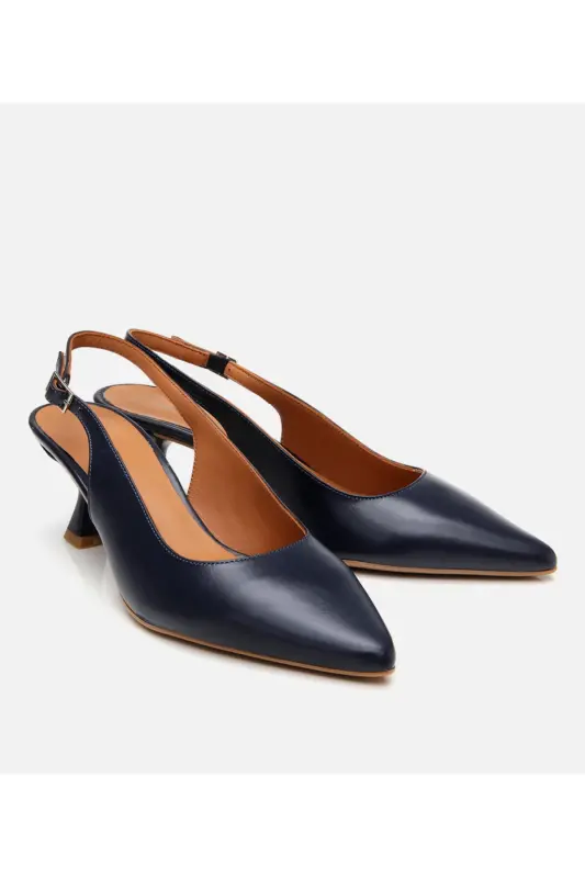Women's Leather Navy Blue Flexible Sole Open Back Heeled Shoes-NAVY BLUE - 2
