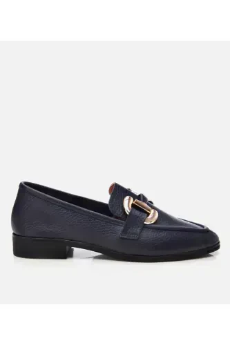 Women's Leather Navy Buckle Daily Loafer-NAVY - 1