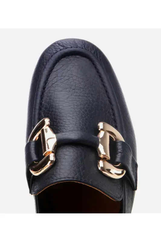 Women's Leather Navy Buckle Daily Loafer-NAVY - 4