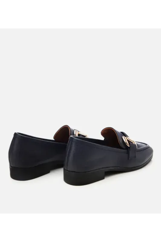 Women's Leather Navy Buckle Daily Loafer-NAVY - 6