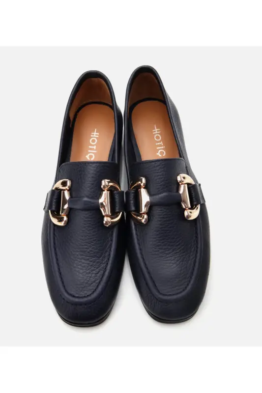 Women's Leather Navy Buckle Daily Loafer-NAVY - 5