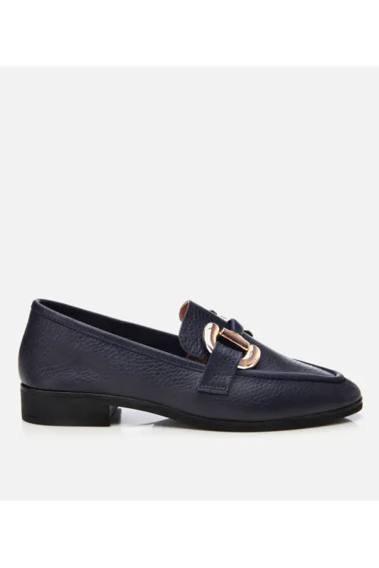 Women's Leather Navy Buckle Daily Loafer-NAVY - HOTIÇ