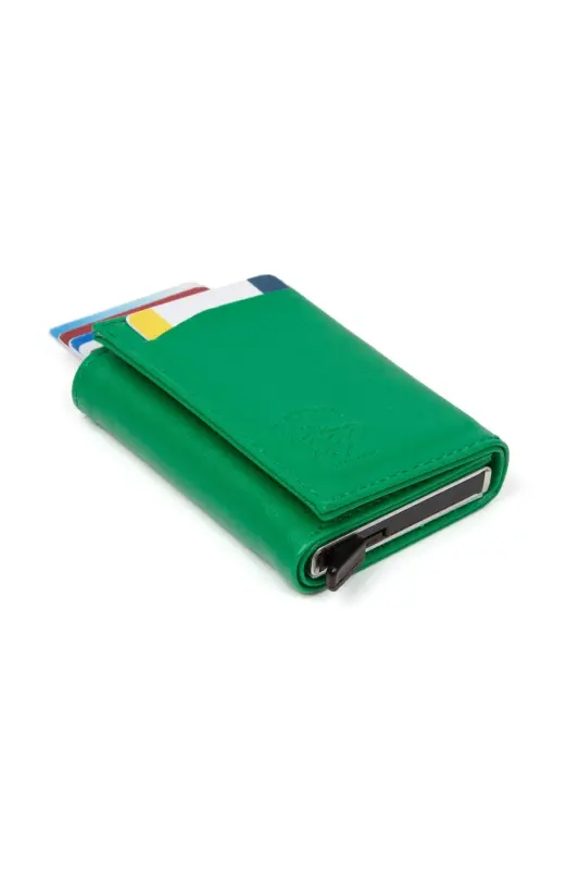 Women's Leather Slider Card Wallet, Aluminum Mechanism Keychain Gift, Automatic Wallet-Green - 2