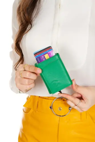 Women's Leather Slider Card Wallet, Aluminum Mechanism Keychain Gift, Automatic Wallet-Green - 3