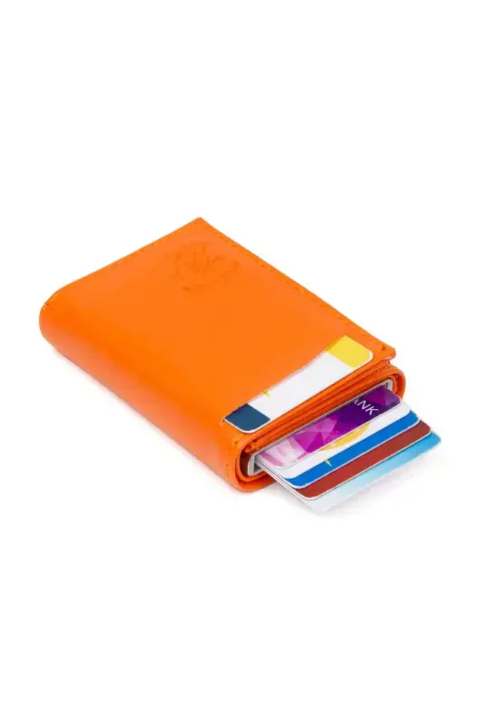 Women's Leather Slider Card Wallet with Aluminum Mechanism Keychain Gift, Automatic Wallet-Orange - NEWISH