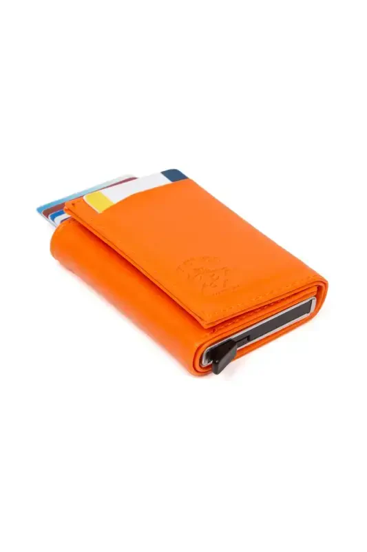 Women's Leather Slider Card Wallet with Aluminum Mechanism Keychain Gift, Automatic Wallet-Orange - 2