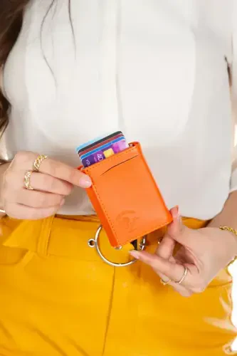 Women's Leather Slider Card Wallet with Aluminum Mechanism Keychain Gift, Automatic Wallet-Orange - 3