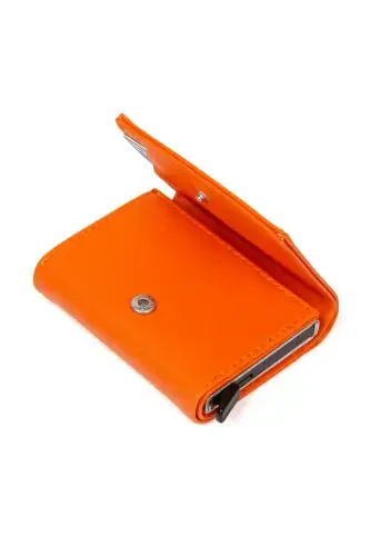 Women's Leather Slider Card Wallet with Aluminum Mechanism Keychain Gift, Automatic Wallet-Orange - 5