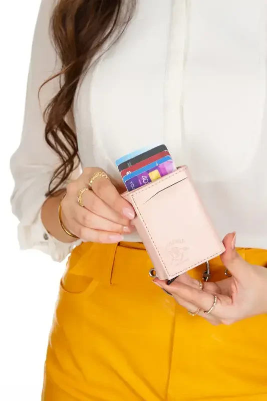 Women's Leather Sliding Card Wallet, Aluminum Mechanism Keychain Gift, Automatic Wallet-Powder - 2