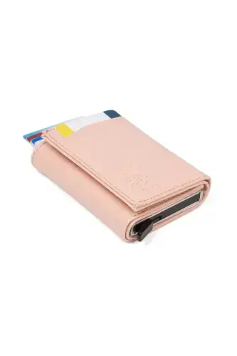 Women's Leather Sliding Card Wallet, Aluminum Mechanism Keychain Gift, Automatic Wallet-Powder - 3