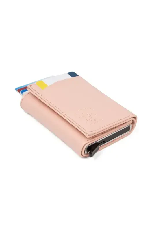Women's Leather Sliding Card Wallet, Aluminum Mechanism Keychain Gift, Automatic Wallet-Powder - 3