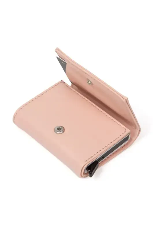 Women's Leather Sliding Card Wallet, Aluminum Mechanism Keychain Gift, Automatic Wallet-Powder - 5