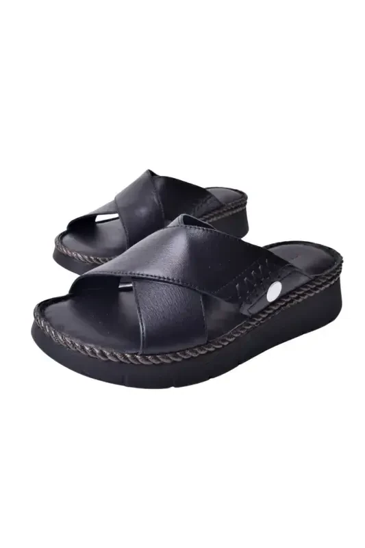 Women's Leather Slipper D25YT-1390-Black - 2