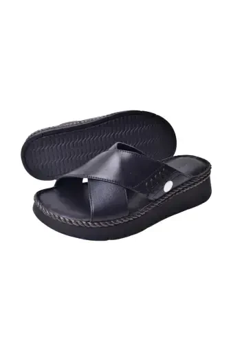Women's Leather Slipper D25YT-1390-Black - 3