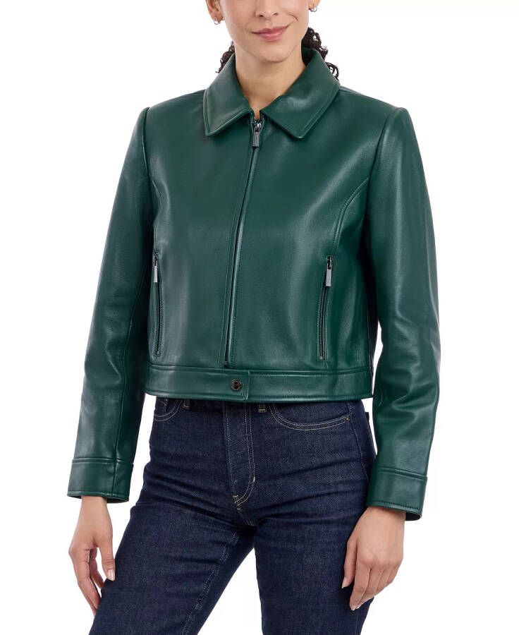 Women's Leather Zip-Front Coat Dark Emerald - 1