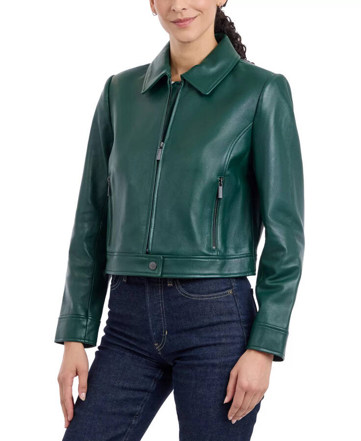 Women's Leather Zip-Front Coat Dark Emerald - 3