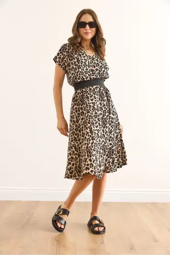 Women's Leopard Beige V Neck Patterned Woven Viscose Midi - OLALOOK (1)