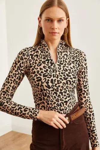 Women's Leopard Beige Zippered Turtleneck Lycra Blouse BLZ-19001155-Leopard Beige - 1