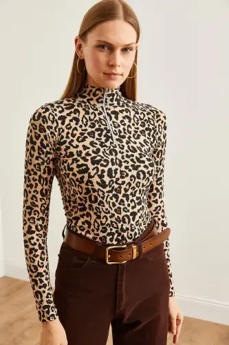 Women's Leopard Beige Zippered Turtleneck Lycra Blouse BLZ-19001155-Leopard Beige - 5