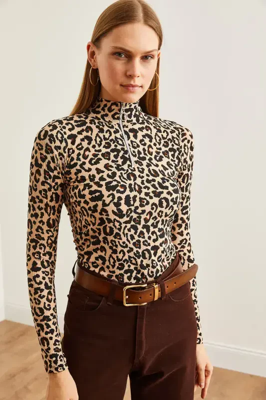 Women's Leopard Beige Zippered Turtleneck Lycra Blouse BLZ-19001155-Leopard Beige - 5