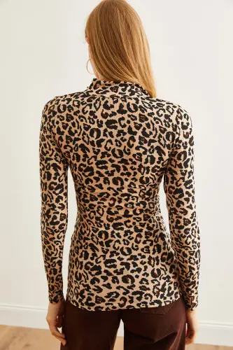 Women's Leopard Beige Zippered Turtleneck Lycra Blouse BLZ-19001155-Leopard Beige - 3