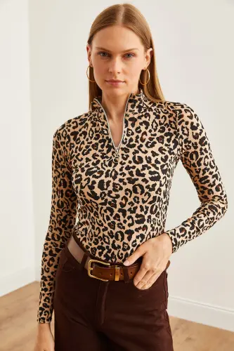 Women's Leopard Beige Zippered Turtleneck Lycra Blouse BLZ-19001155-Leopard Beige - 7