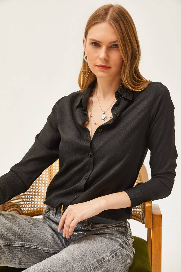 Women's Leopard Black Jacquard Satin Detail Woven Shirt GML-19001173 - 4