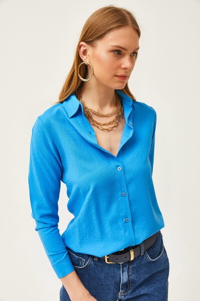 Women's Leopard Blue Jacquard Satin Detail Woven Shirt GML-19001173 - 5