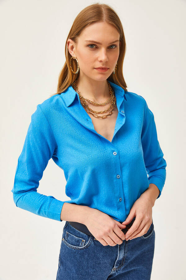 Women's Leopard Blue Jacquard Satin Detail Woven Shirt GML-19001173 - 6