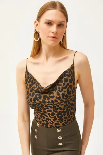 Women's Leopard Brown Cowl Neck Spaghetti Strap Blouse BLZ-19000987 - Leopard Brown 