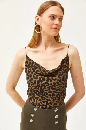Women's Leopard Brown Cowl Neck Spaghetti Strap Blouse BLZ-19000987 - Leopard Brown - 6