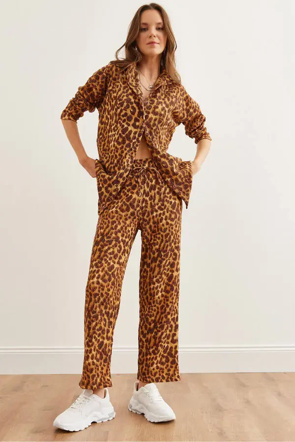 Women's Leopard Coffee Top Pants Thickening Fleece Suit - 1